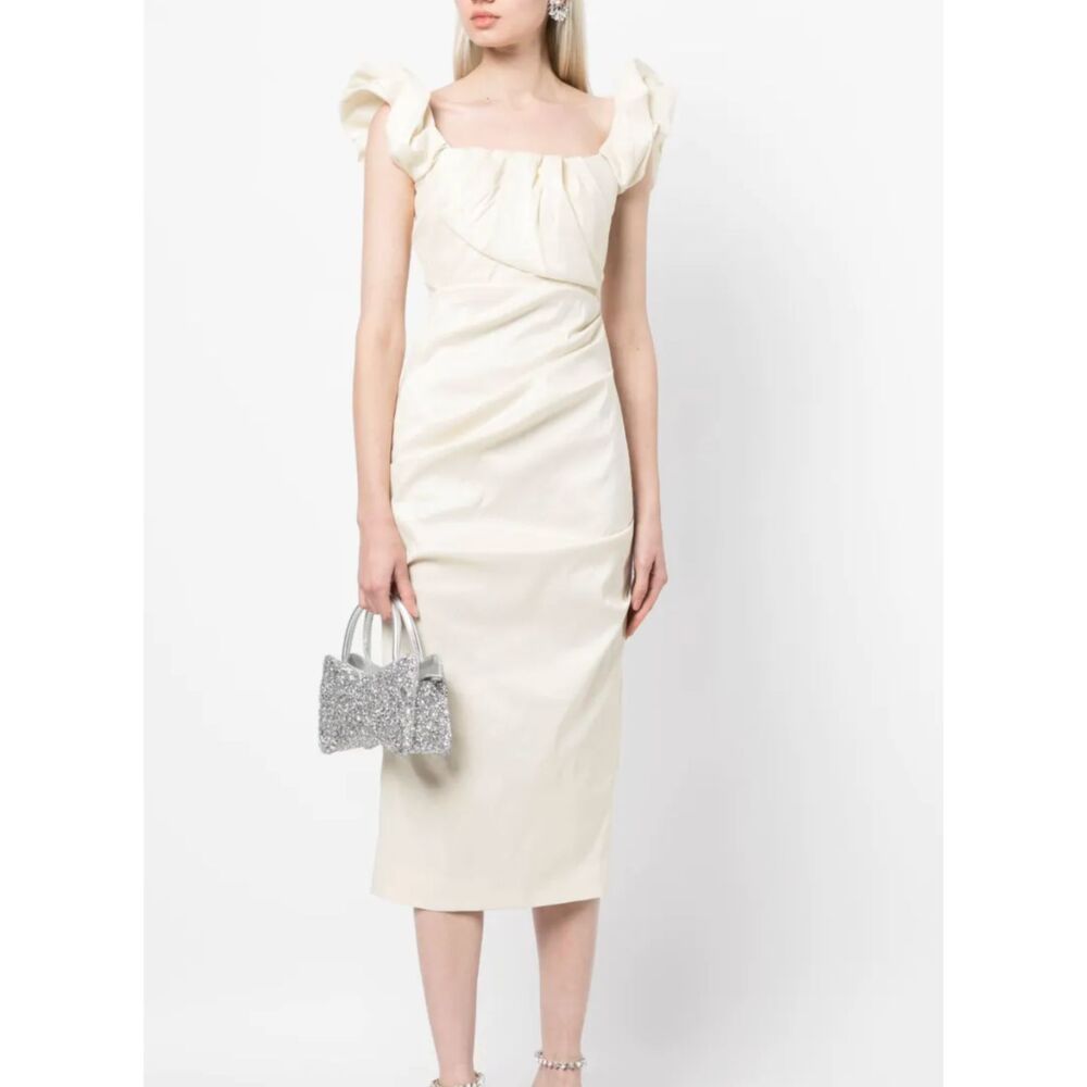 RACHEL GILBERT Kalina Ruched Ruffle Sleeve Midi Dress White